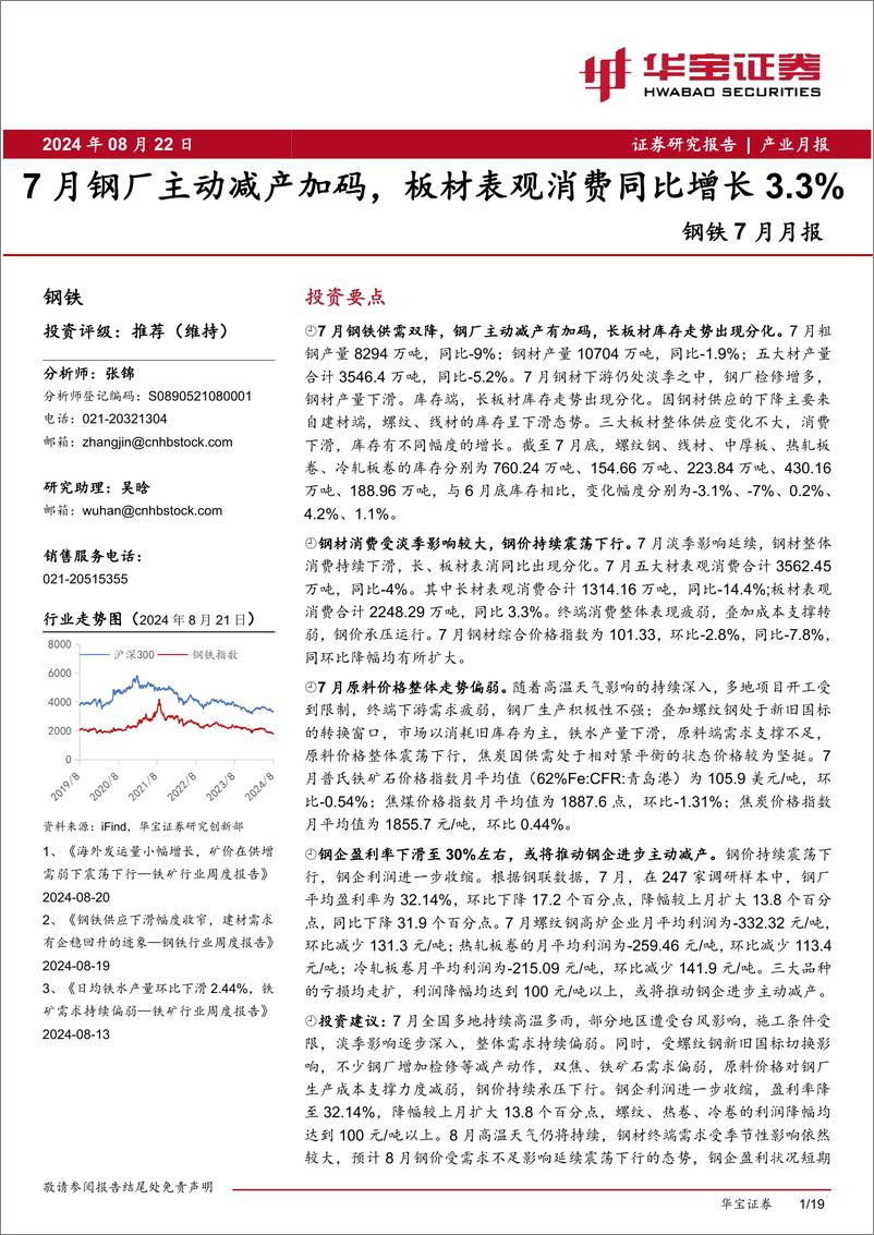 《钢铁行业7月月报：7月钢厂主动减产加码，板材表观消费同比增长3.3%25-240822-华宝证券-19页》 - 第1页预览图