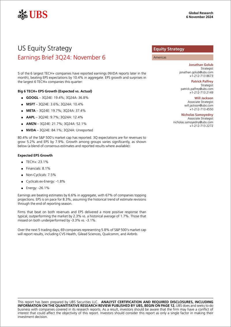 《UBS Equities-US Equity Strategy _Earnings Brief 3Q24 November 6_ Golub-111404955》 - 第1页预览图