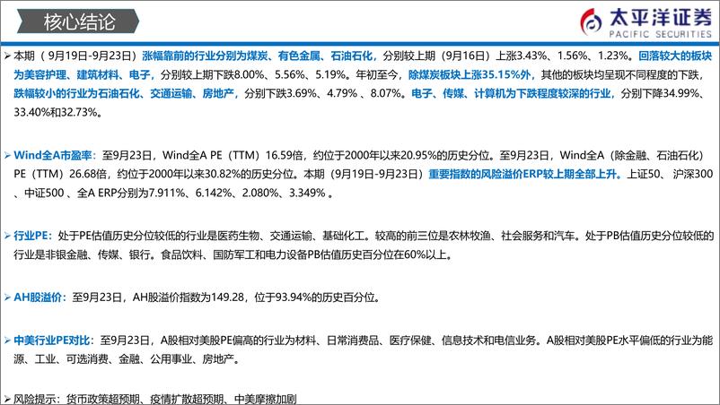 《中外股票估值追踪及对比：全市场与各行业估值跟踪-20220924-太平洋证券-27页》 - 第4页预览图