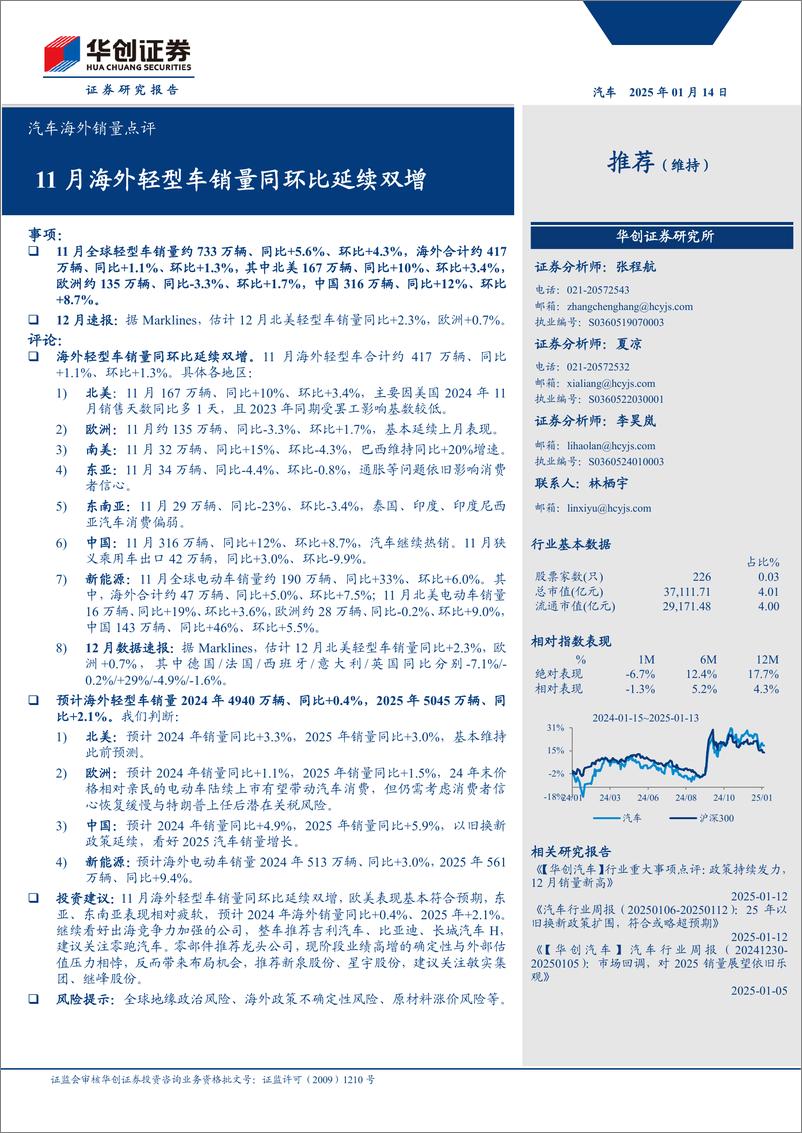 《汽车行业海外销量点评：11月海外轻型车销量同环比延续双增-250114-华创证券-14页》 - 第1页预览图