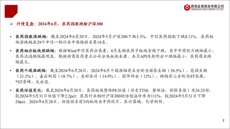 《医药行业2024年7月月报及中报前瞻：稳健资产，中游制造-240630-浙商证券-35页》 - 第2页预览图