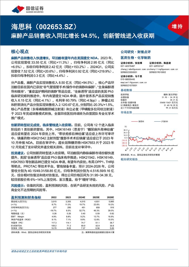 《海思科(002653)麻醉产品销售收入同比增长94.5%25，创新管线进入收获期-240515-国信证券-15页》 - 第1页预览图