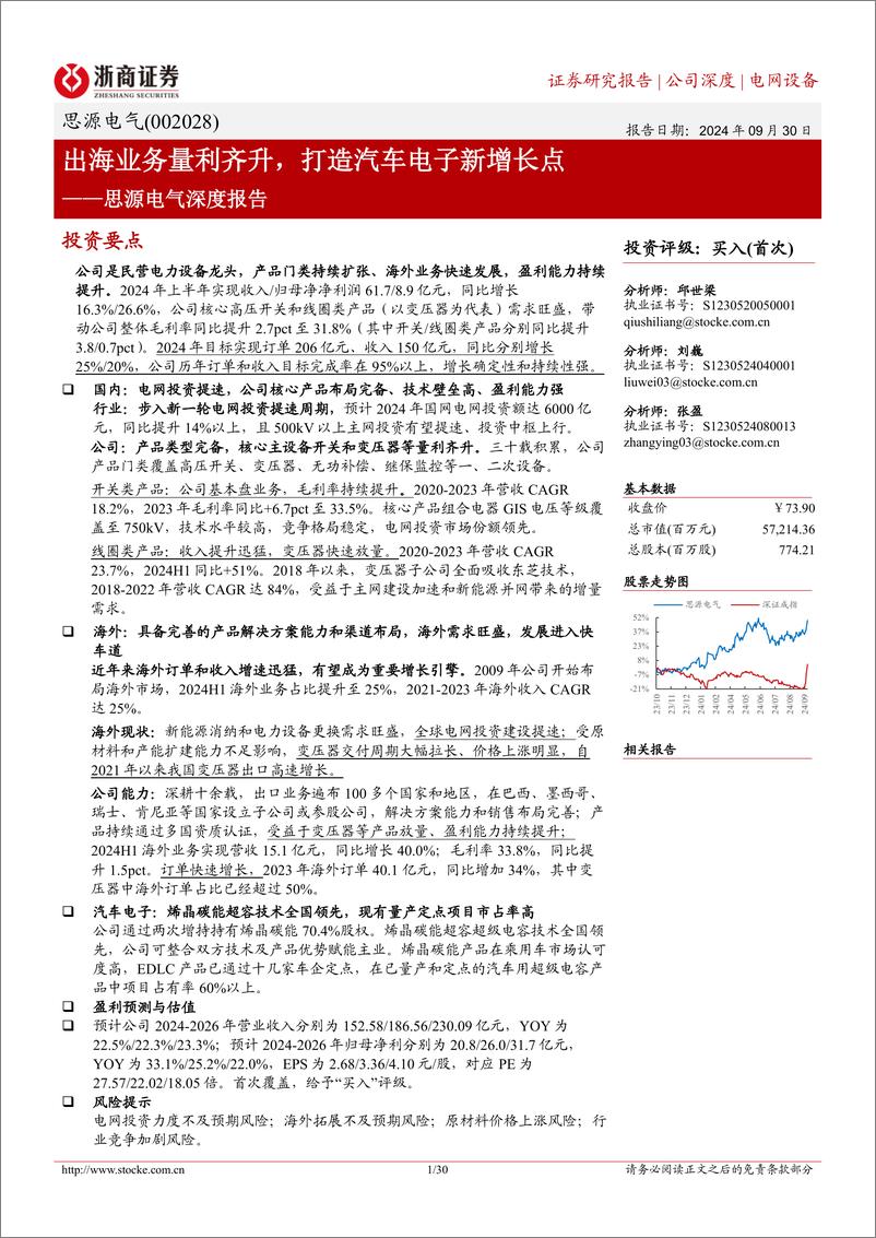 《思源电气(002028)深度报告：出海业务量利齐升，打造汽车电子新增长点-240930-浙商证券-30页》 - 第1页预览图