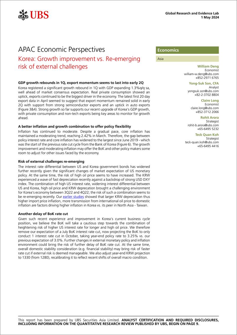 《UBS Economics-APAC Economic Perspectives _Korea Growth improvement vs. Re...-107933895》 - 第1页预览图