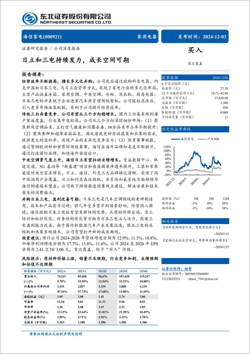 《海信家电(000921)日立和三电持续发力，成长空间可期-241203-东北证券-34页》 - 第1页预览图