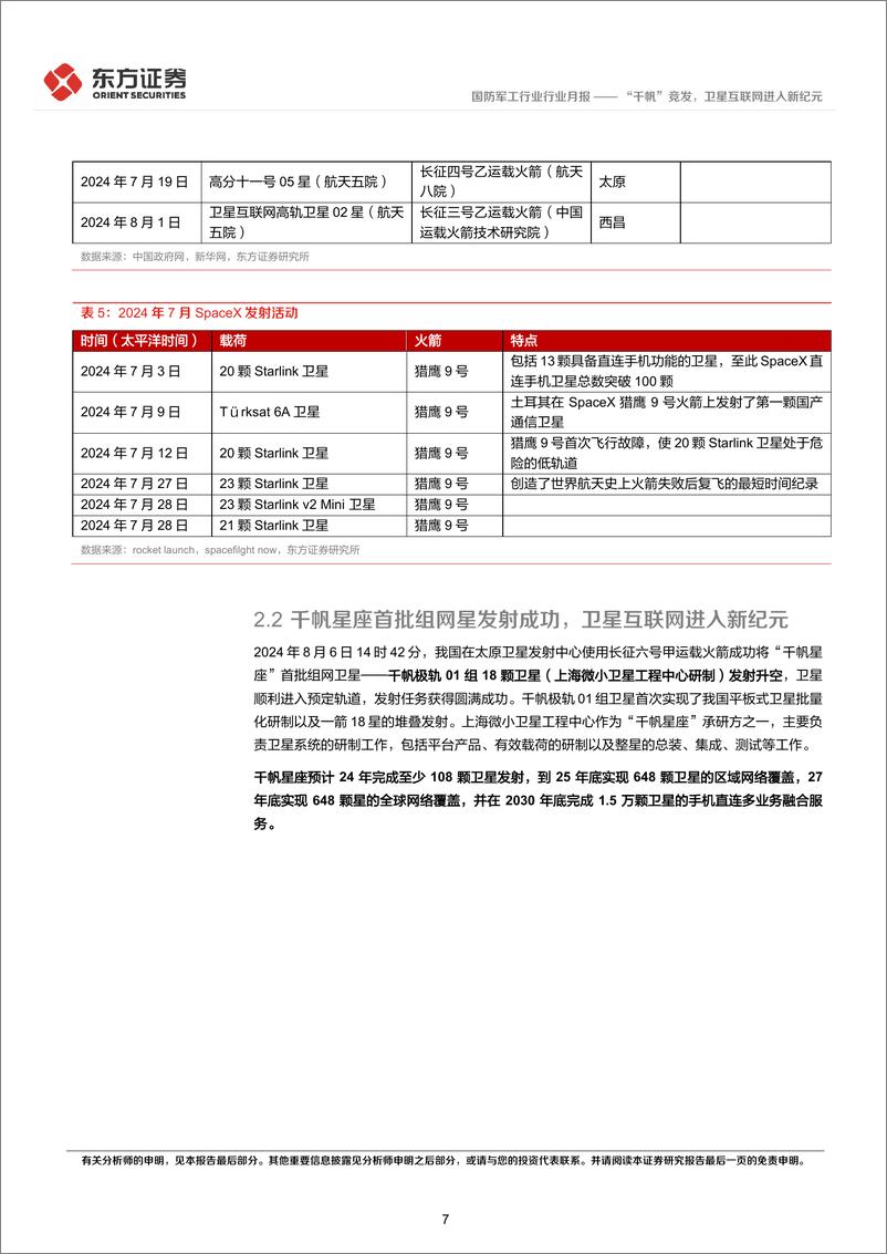 《国防军工行业卫星互联网产业月报(2024年7月)：“千帆”竞发，卫星互联网进入新纪元-240808-东方证券-17页》 - 第7页预览图