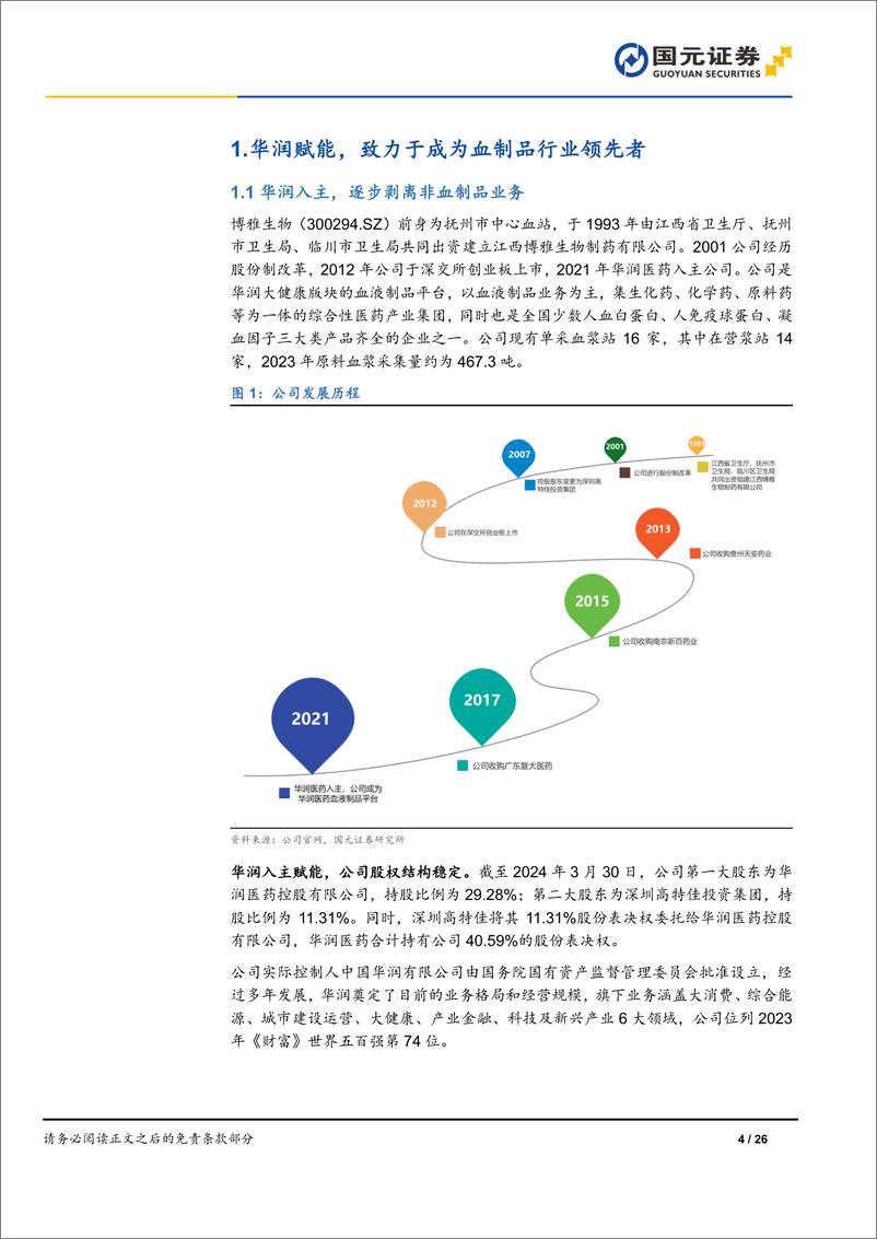 《国元证券-博雅生物-300294-首次覆盖报告：华润持续赋能，血制品主业发展未来可期》 - 第4页预览图