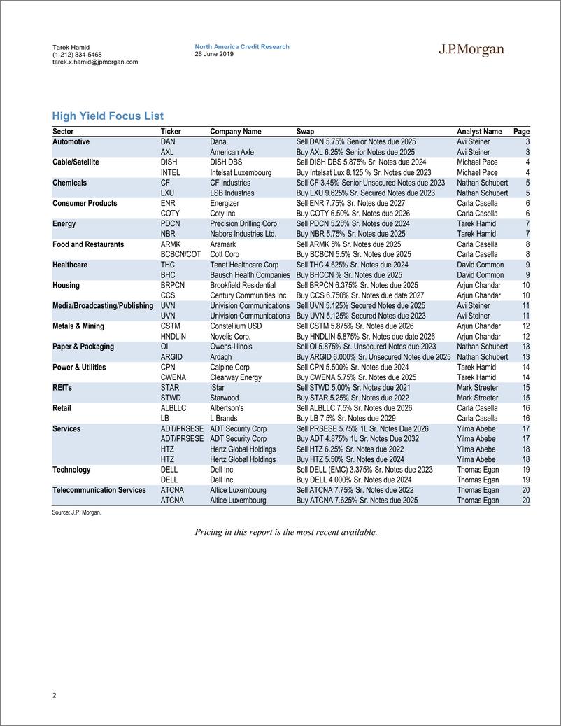 《J.P. 摩根-美股-信贷策略-美国高收益信贷分析师关注名单-2019.6.26-23页》 - 第3页预览图