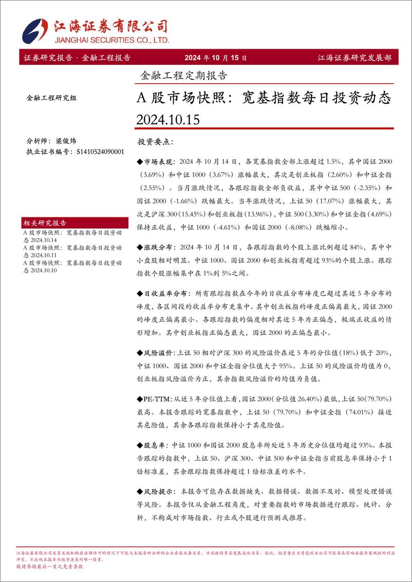 《金融工程定期报告：A股市场快照，宽基指数每日投资动态-241015-江海证券-11页》 - 第1页预览图