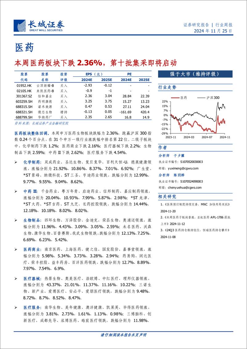 《医药行业：本周医药板块下跌2.36%25，第十批集采即将启动-241125-长城证券-15页》 - 第1页预览图