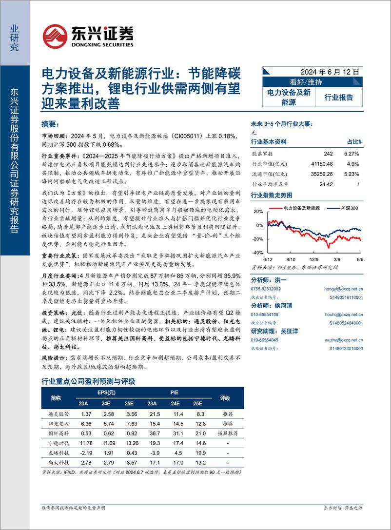 《电力设备及新能源行业报告：节能降碳方案推出，锂电行业供需两侧有望迎来量利改善-240612-东兴证券-19页》 - 第1页预览图