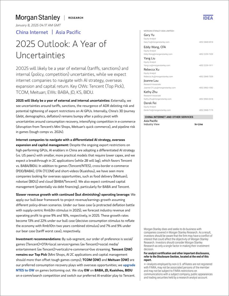 《Morgan Stanley-China Internet 2025 Outlook A Year of Uncertainties-112681189》 - 第1页预览图