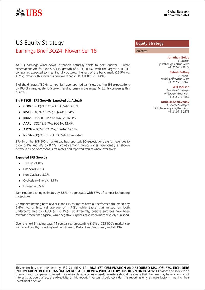 《UBS Equities-US Equity Strategy _Earnings Brief 3Q24 November 18_ Golub-111649053》 - 第1页预览图