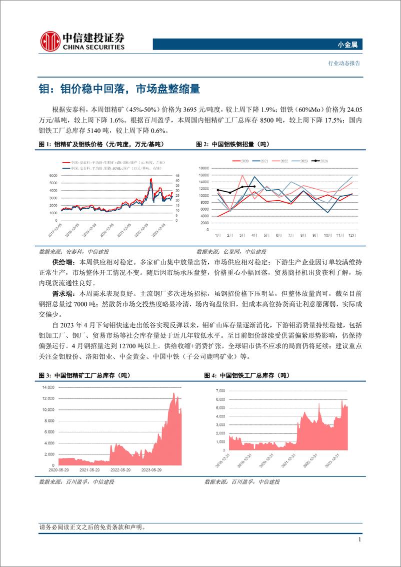 《小金属行业：供需共振锑价突破上行，供给担忧消除钼标的估值中枢有望上移-240519-中信建投-10页》 - 第3页预览图