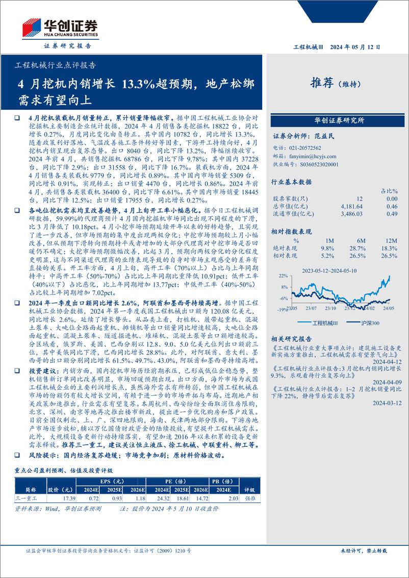 《工程机械行业点评报告：4月挖机内销增长13.3%25超预期，地产松绑需求有望向上-240512-华创证券-15页》 - 第1页预览图