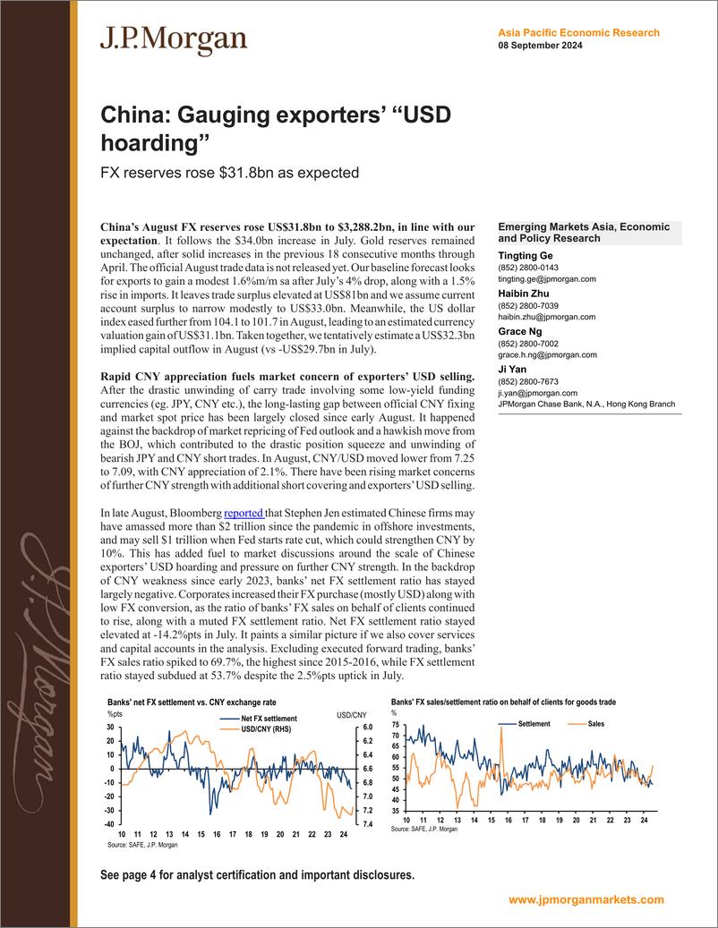 《JPMorgan Econ  FI-China Gauging exporters’ “USD hoarding” FX reserves rose $3...-110239556》 - 第1页预览图