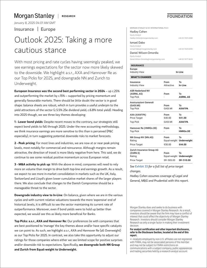 《Morgan Stanley-Insurance Outlook 2025 Taking a more cautious stance-112681045》 - 第1页预览图