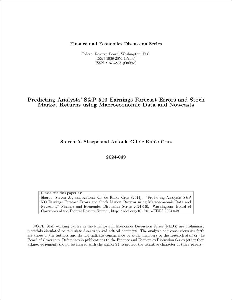 《美联储-使用宏观经济数据和Nowscast预测分析师的标普500收益预测误差和股市回报（英）-2024-32页》 - 第1页预览图