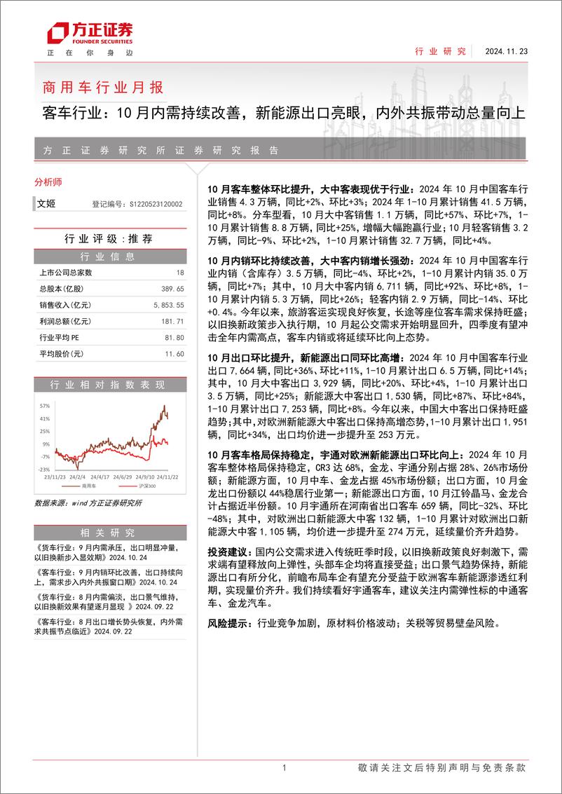 《商用车行业月报-客车行业：10月内需持续改善，新能源出口亮眼，内外共振带动总量向上-241123-方正证券-14页》 - 第1页预览图