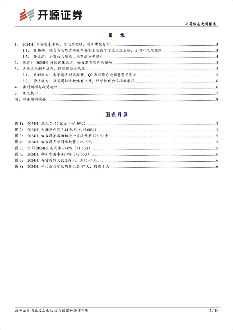 《报喜鸟(002154)公司信息更新报告：2024H1商务需求承压，乐飞叶亮眼，增加中期分红-240819-开源证券-10页》 - 第2页预览图