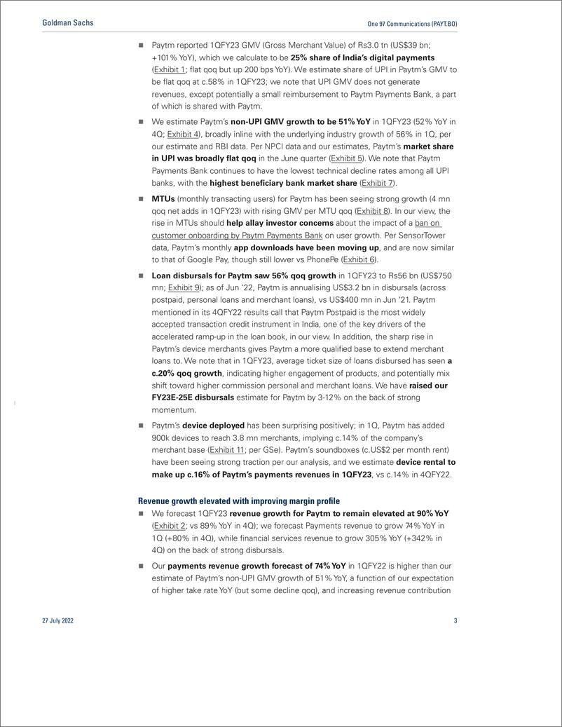 《One 97 Communications (PAYT.BO 1QFY23 previe Another quarter of elevated growth and improving margins; Buy(1)》 - 第4页预览图