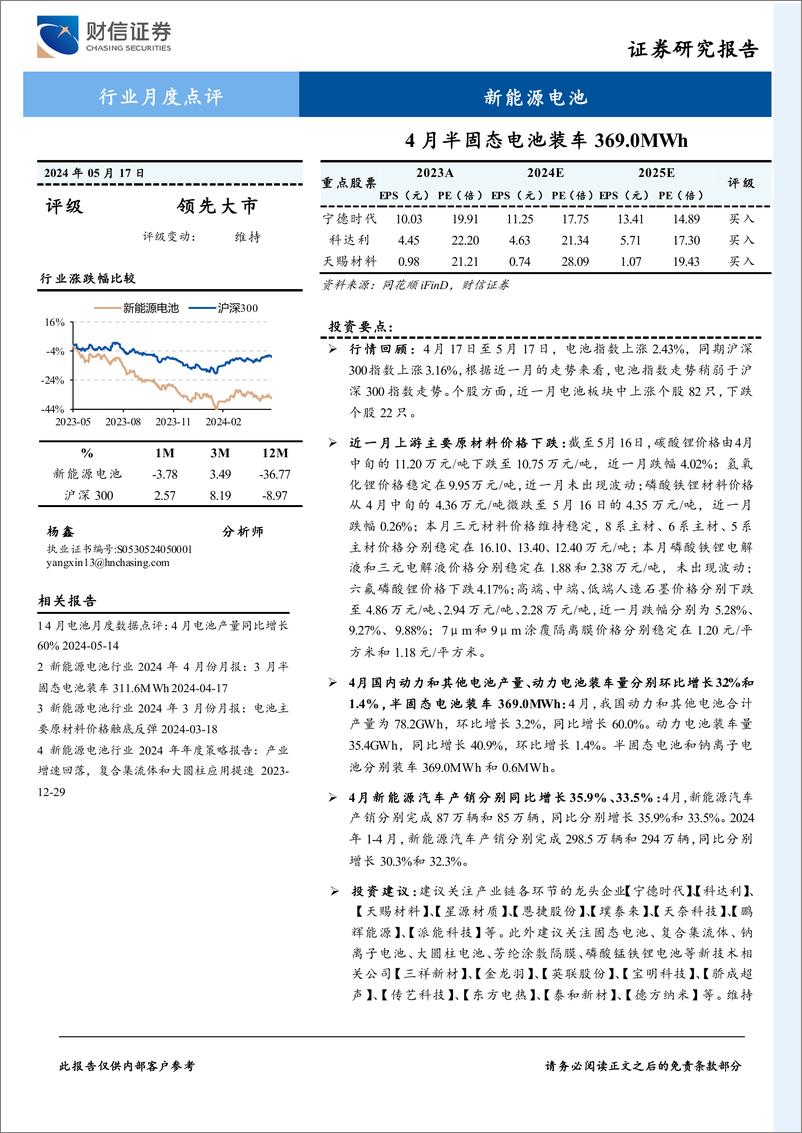 《新能源电池行业月度点评：4月半固态电池装车369.0MWh-240517-财信证券-12页》 - 第1页预览图