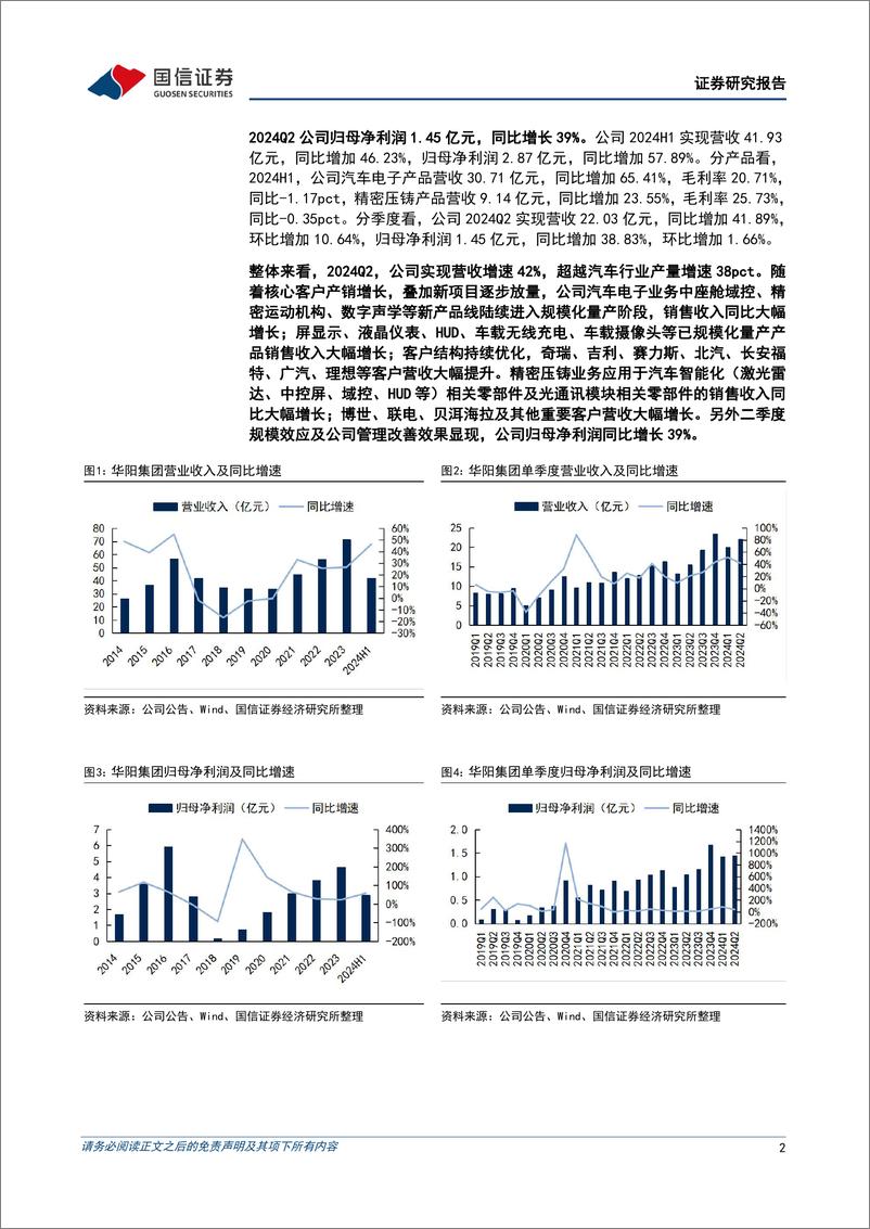 《华阳集团(002906)单二季度净利润同比增长39%25，汽车电子和精密压铸持续放量-240821-国信证券-16页》 - 第2页预览图