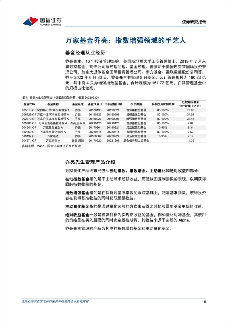 《金融工程专题研究：万家基金乔亮，指数增强领域的手艺人-20230821-国信证券-28页》 - 第6页预览图