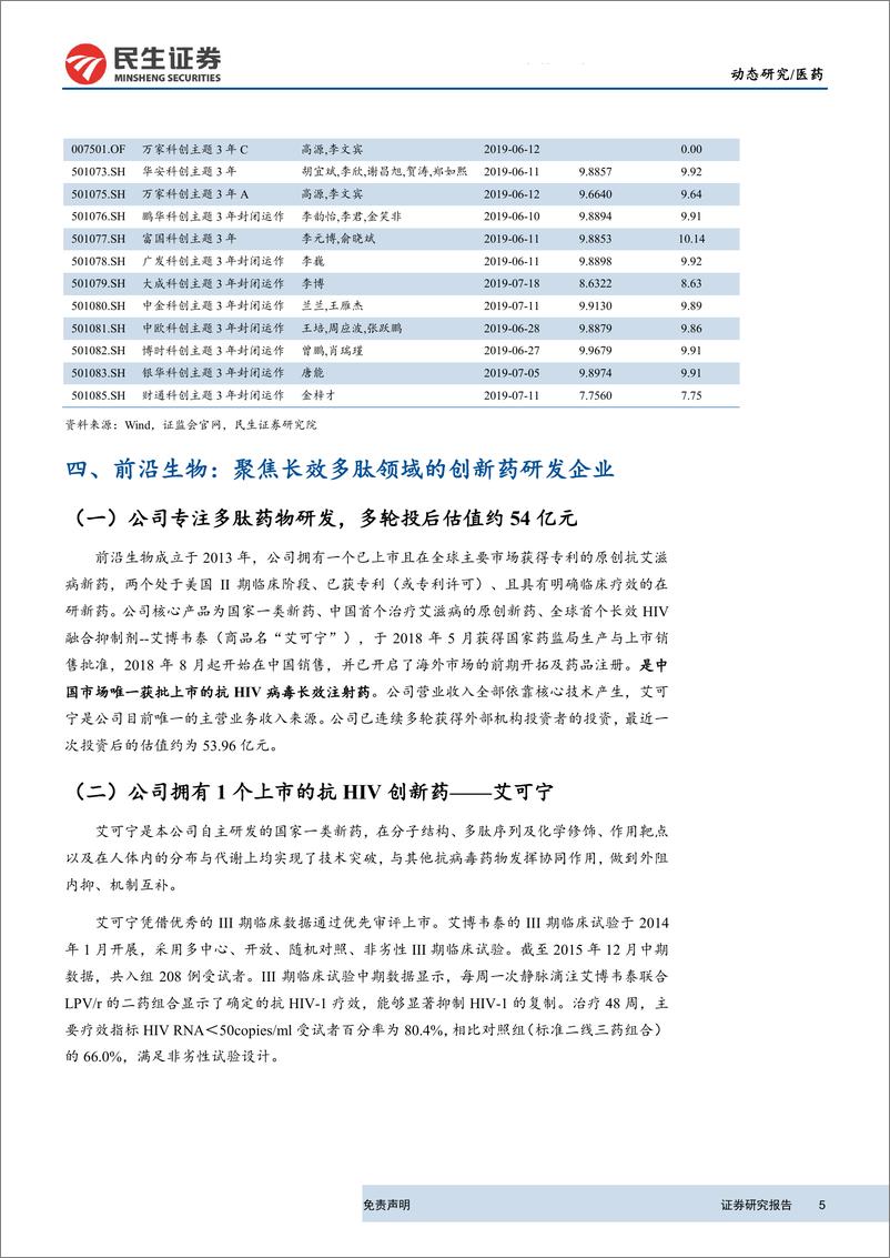 《医药行业科创板生物医药公司系列研究第17期：微芯生物正式上市，创新药企业前沿生物IPO-20190819-民生证券-14页》 - 第6页预览图