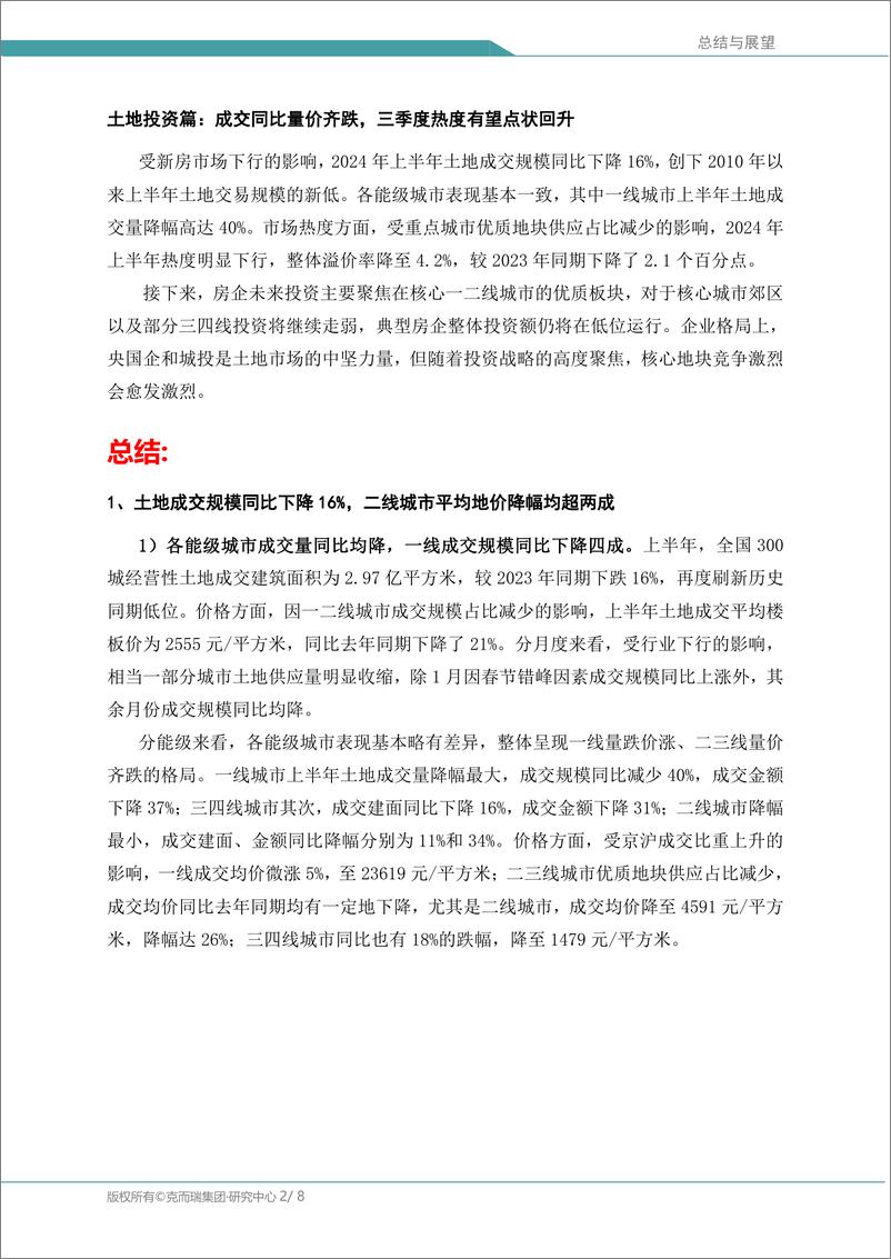 《中国房地产总结与展望：土地投资篇：成交同比量价齐跌，三季度热度有望点状回升》 - 第2页预览图