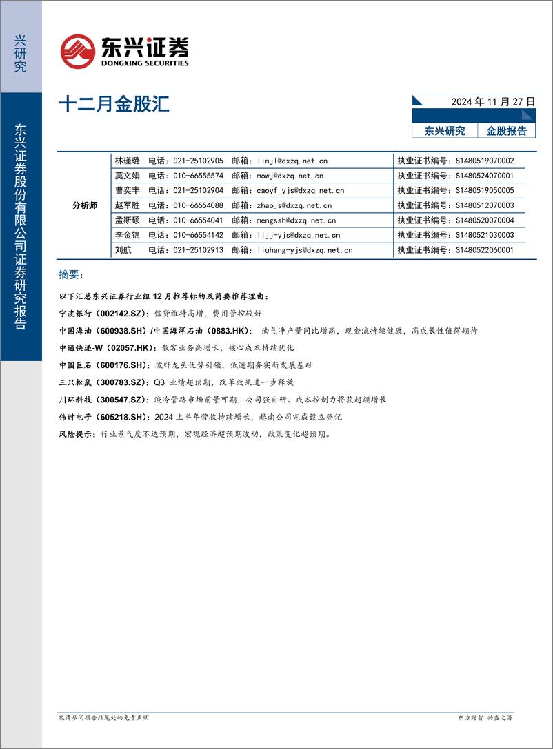 《十二月金股汇-241127-东兴证券-14页》 - 第1页预览图