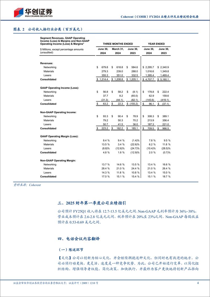 《通信行业Coherent(COHR)FY2024业绩点评及业绩说明会纪要：800G光模块收入快速增长，1.6T光模块已送样-240822-华创证券-13页》 - 第4页预览图