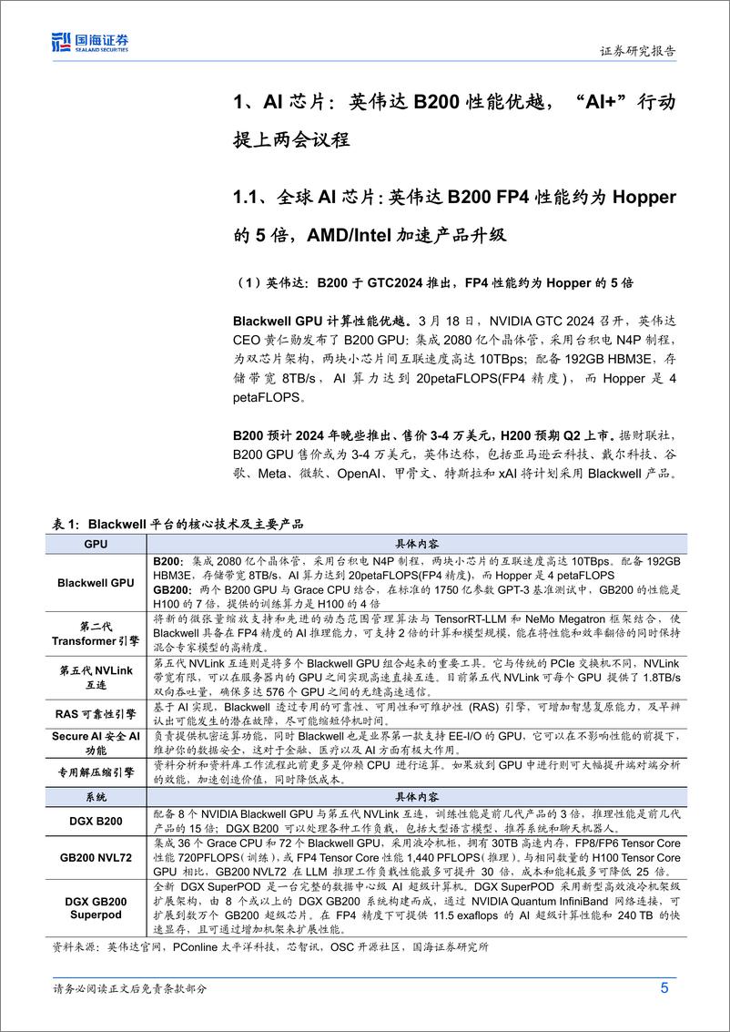 《计算机行业AI算力月度跟踪(202403)：NVIDIA+B200再创算力奇迹，液冷、光模块持续革新-240322-国海证券-22页》 - 第5页预览图