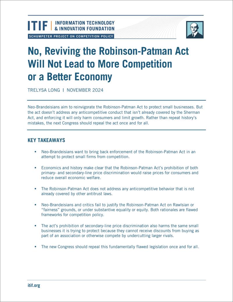 《ITIF-不，恢复罗宾逊-帕特曼法案不会带来更多的竞争或更好的经济（英）-2024.11-17页》 - 第1页预览图