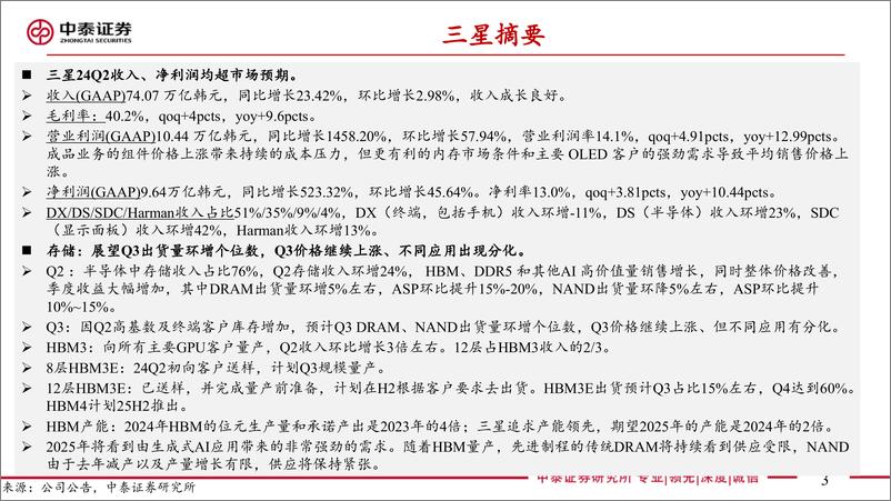 《电子行业AI全视角-科技大厂财报专题｜三星、西部数据24Q2季报点评：业绩超预期，24H2服务器需求强劲-240819-中泰证券-37页》 - 第3页预览图