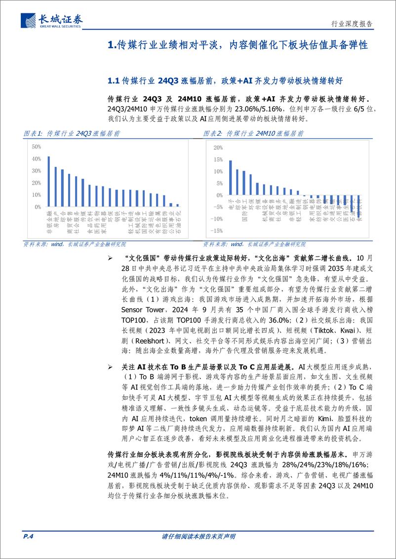 《传媒行业：业绩表现平淡，传媒板块估值具备弹性-241118-长城证券-28页》 - 第4页预览图