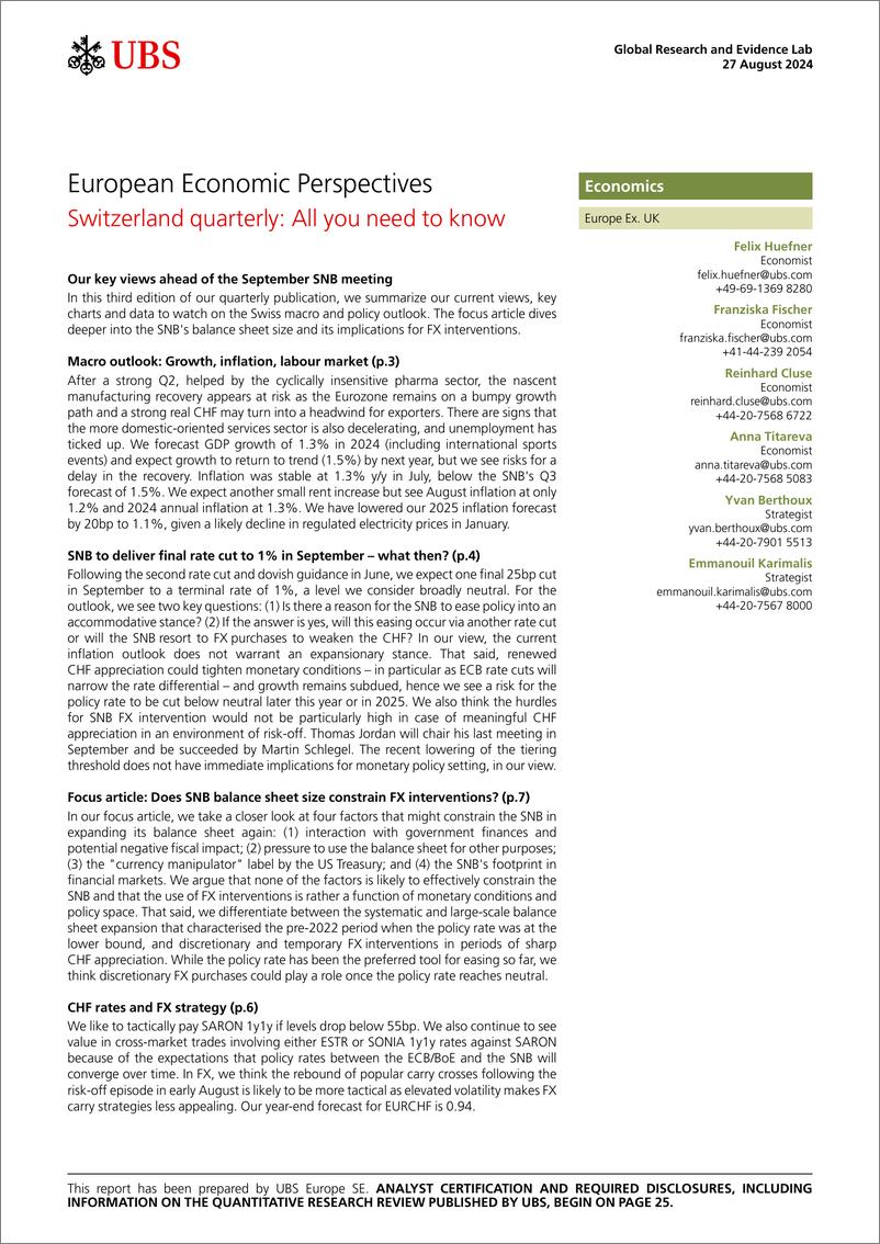 《UBS Economics-European Economic Perspectives _Switzerland quarterly All y...-110024946》 - 第1页预览图