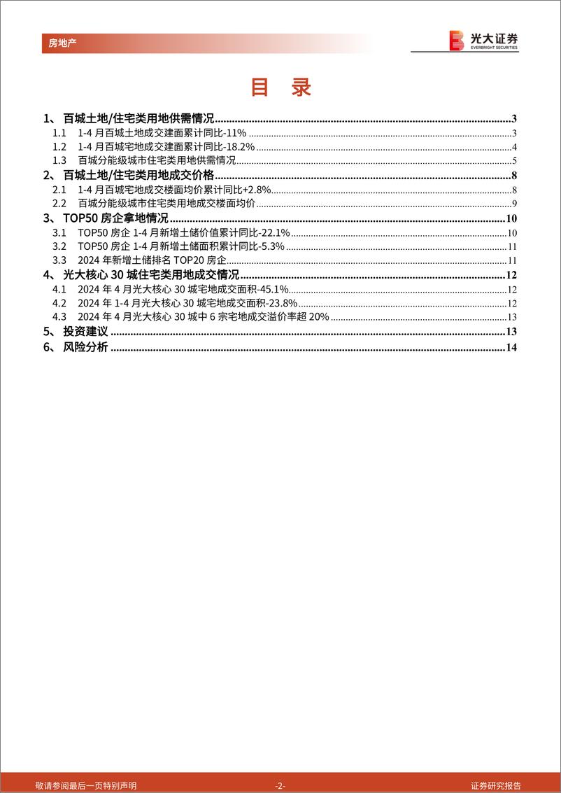 《房地产行业土地市场月度跟踪报告(2024年4月)：1-4月百城宅地成交建面-18%25，核心30城土拍溢价率6.3%25-240524-光大证券-15页》 - 第2页预览图