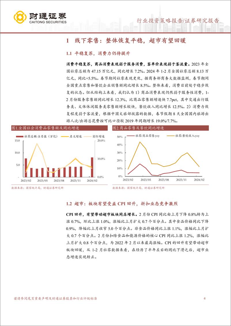 《商贸零售行业零售板块2023年报及2024一季报前瞻：国内消费平稳恢复，跨境电商景气度持续-240324-财通证券-12页》 - 第4页预览图