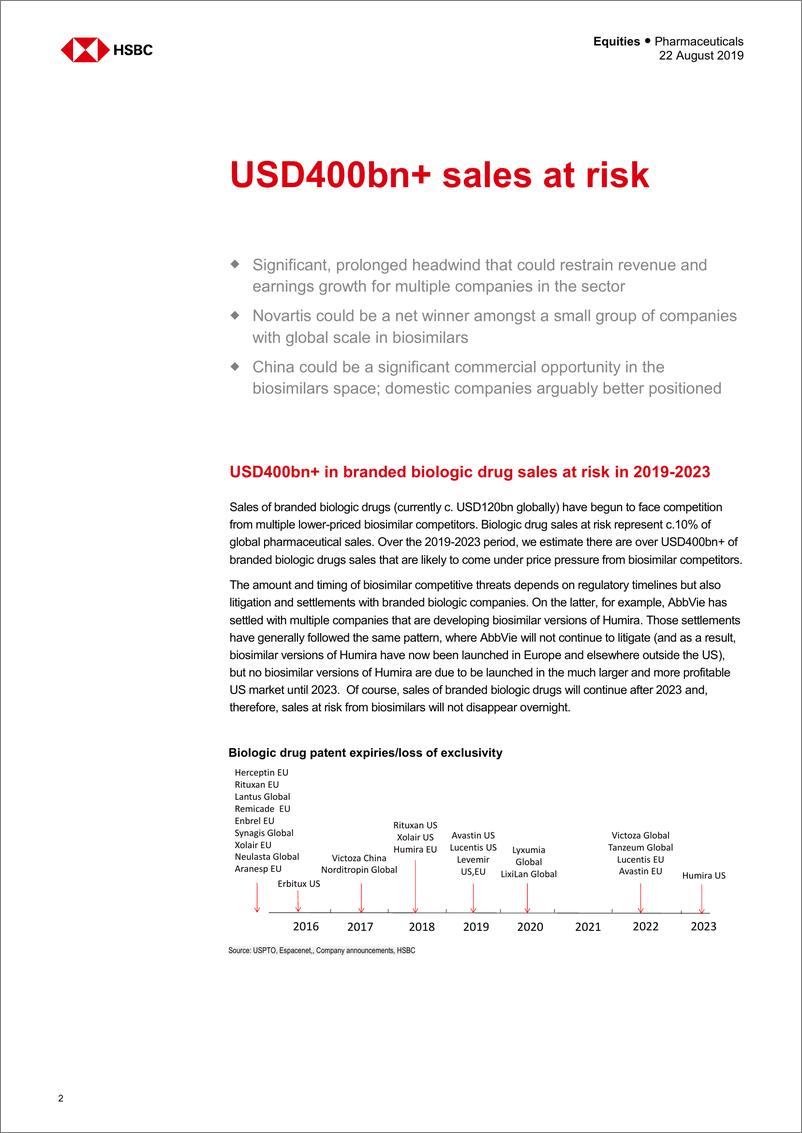 《汇丰银行-全球-制药行业-生物科技更新：2019-2023年累计销售风险超过4000亿美元-2019.8.22-29页》 - 第3页预览图