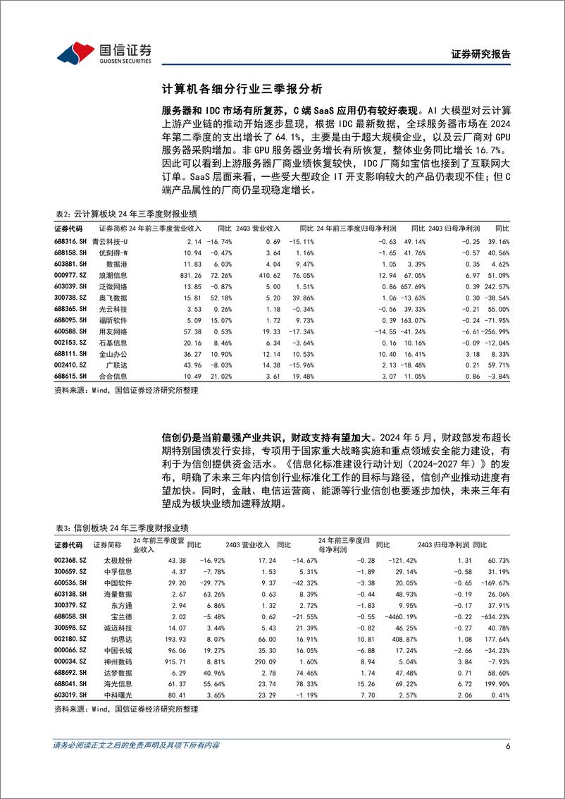 《计算机行业2024年11月投资策略暨三季报总结：三季度依然承压，关注智谱AutoGLM和信创投资机会-241110-国信证券-18页》 - 第6页预览图