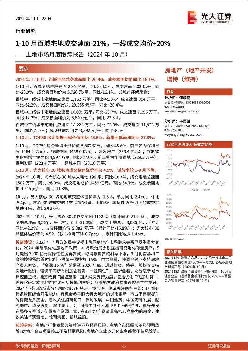 《房地产行业土地市场月度跟踪报告(2024年10月)：1-10月百城宅地成交建面-21%25，一线成交均价%2b20%25-241128-光大证券-15页》 - 第1页预览图