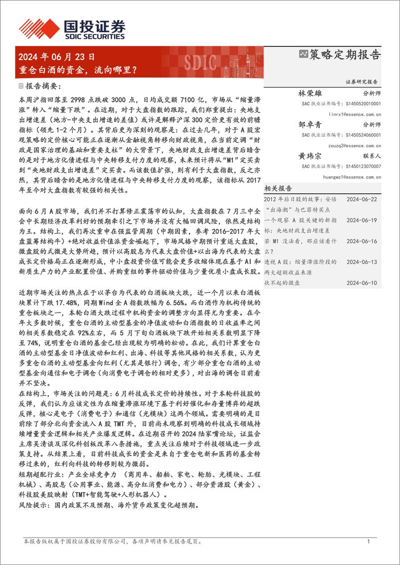 《策略定期报告：重仓白酒的资金，流向哪里？-240623-国投证券-28页》 - 第1页预览图