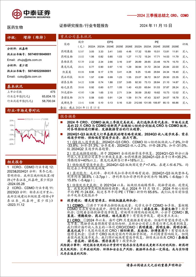 《医药生物行业2024三季报总结之CRO、CDMO：订单逐步改善，曙光有望将至，积极把握底部机会-241115-中泰证券-11页》 - 第1页预览图