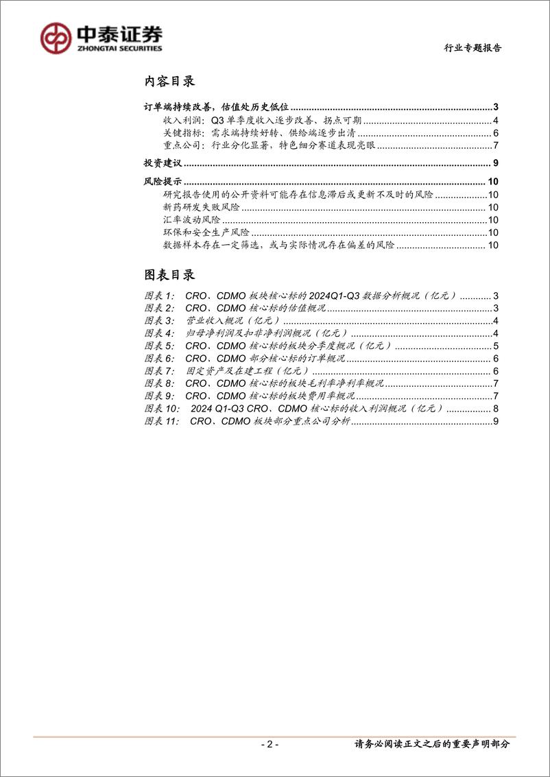 《医药生物行业2024三季报总结之CRO、CDMO：订单逐步改善，曙光有望将至，积极把握底部机会-241115-中泰证券-11页》 - 第2页预览图