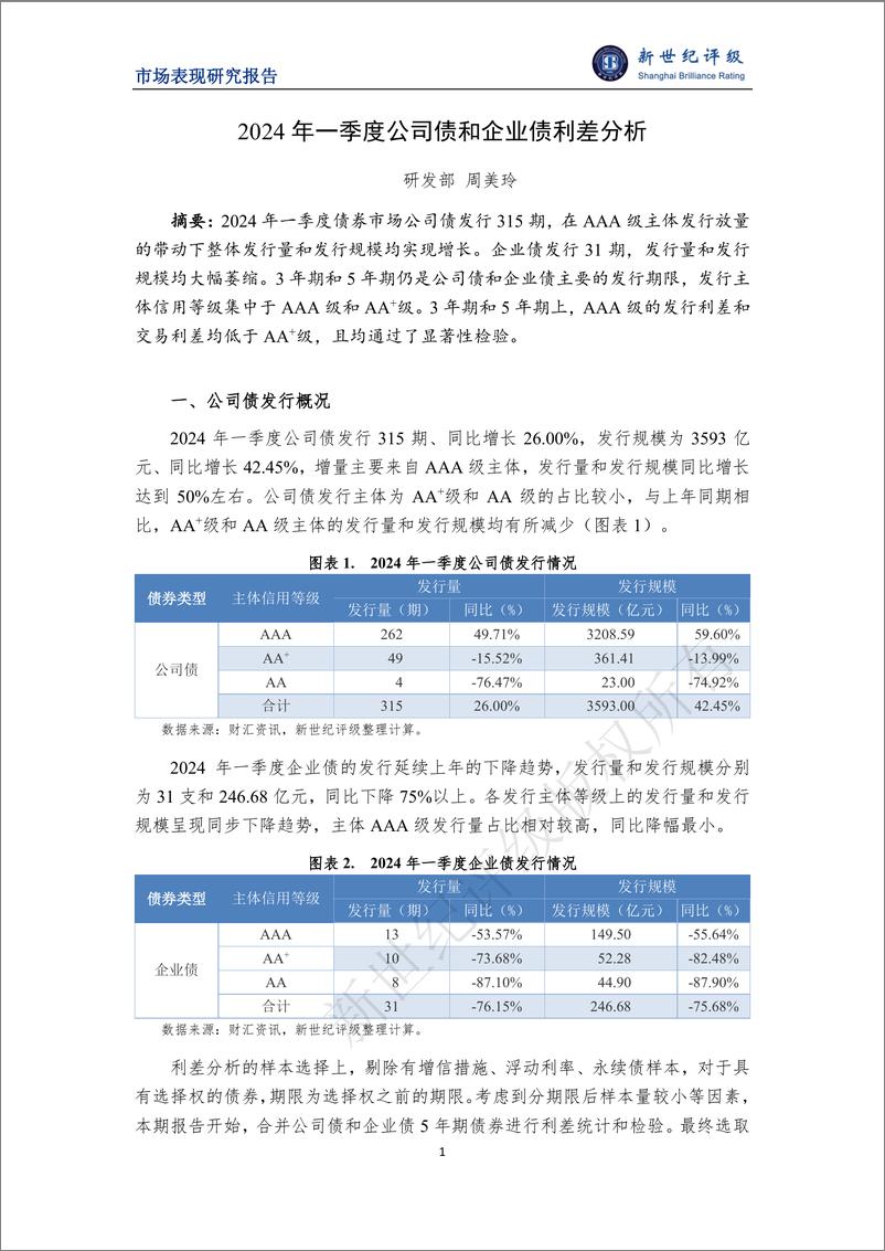 《2024年一季度公司债和企业债利差分析-6页》 - 第1页预览图