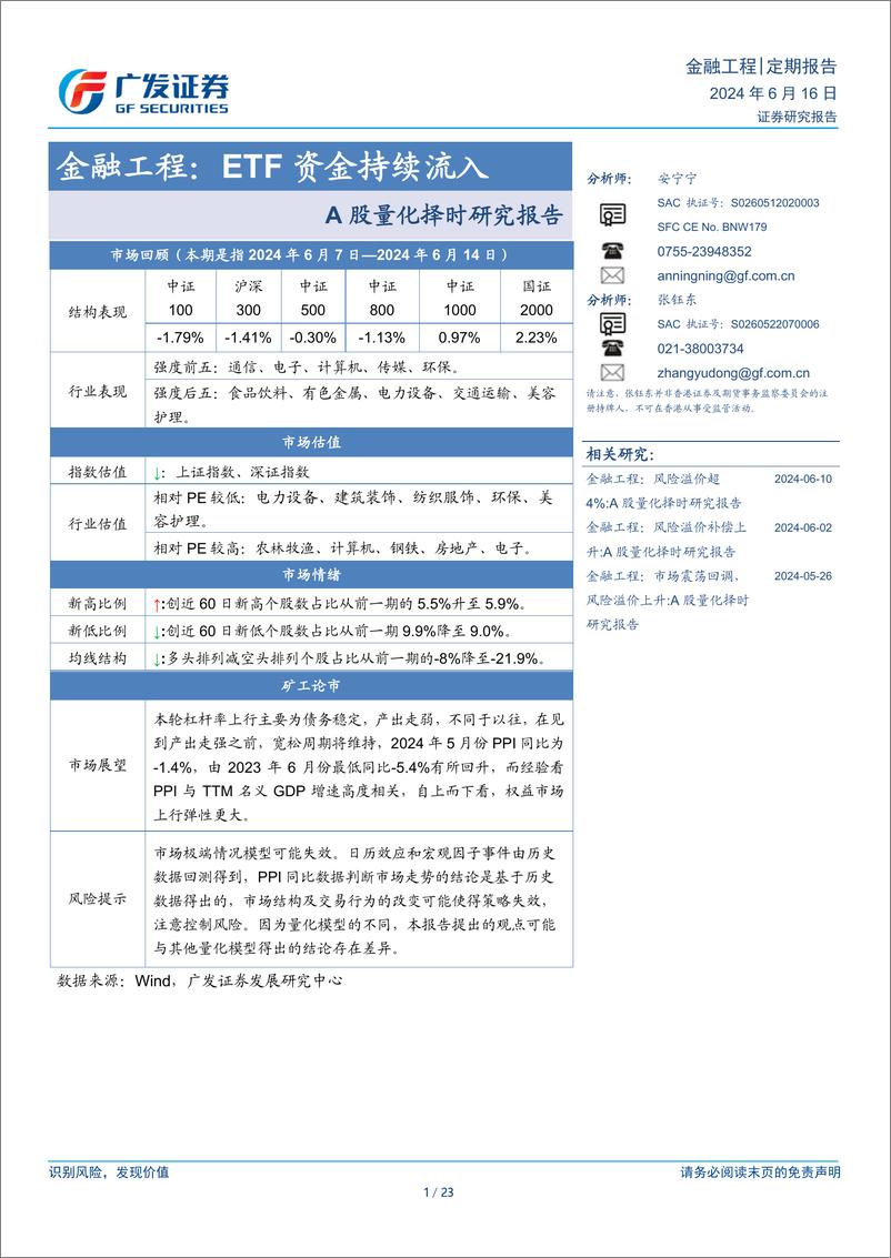 《A股量化择时研究报告-金融工程：ETF资金持续流入-240616-广发证券-23页》 - 第1页预览图