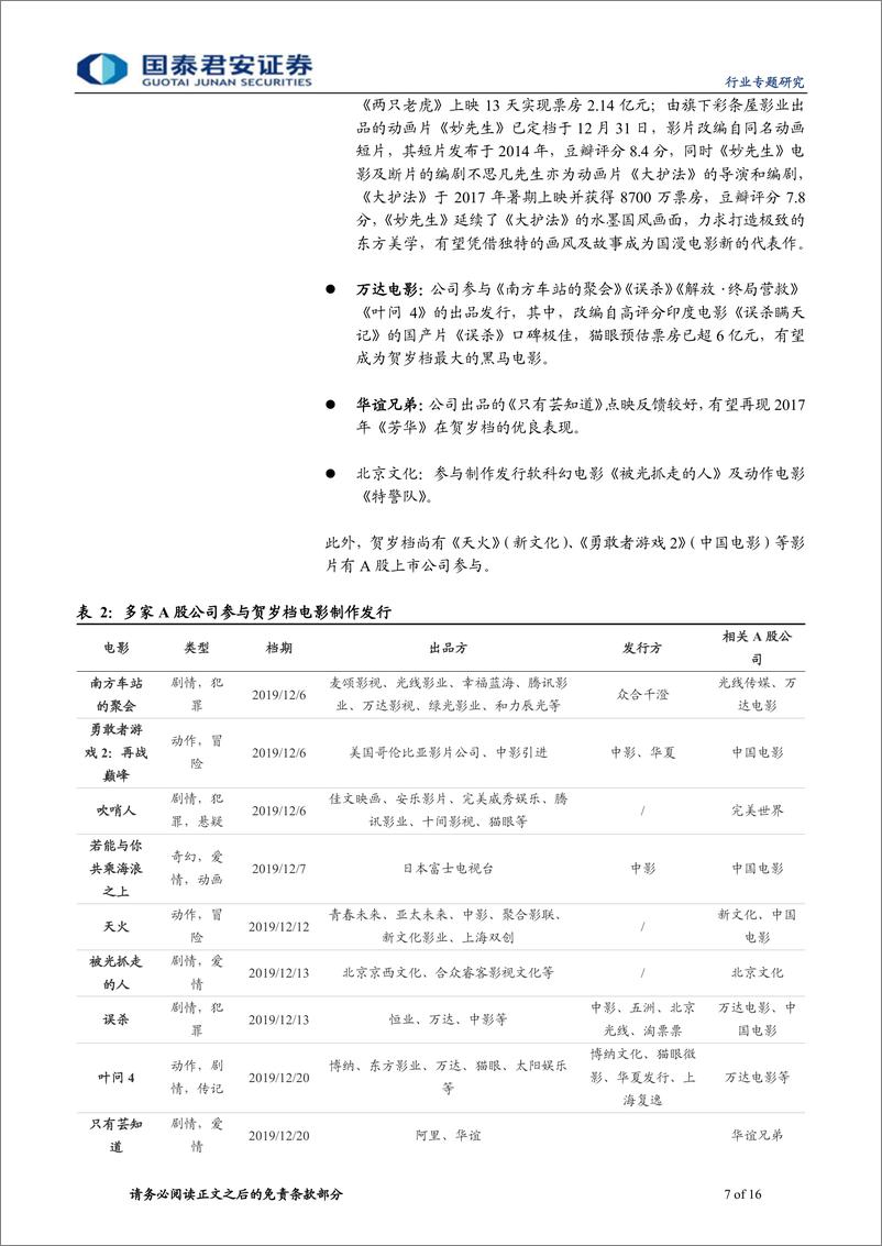 《传播文化行业贺岁档观察及春节档电影市场前瞻：内容供给充足带来贺岁档及春节档投资机会-20191217-国泰君安-16页》 - 第8页预览图