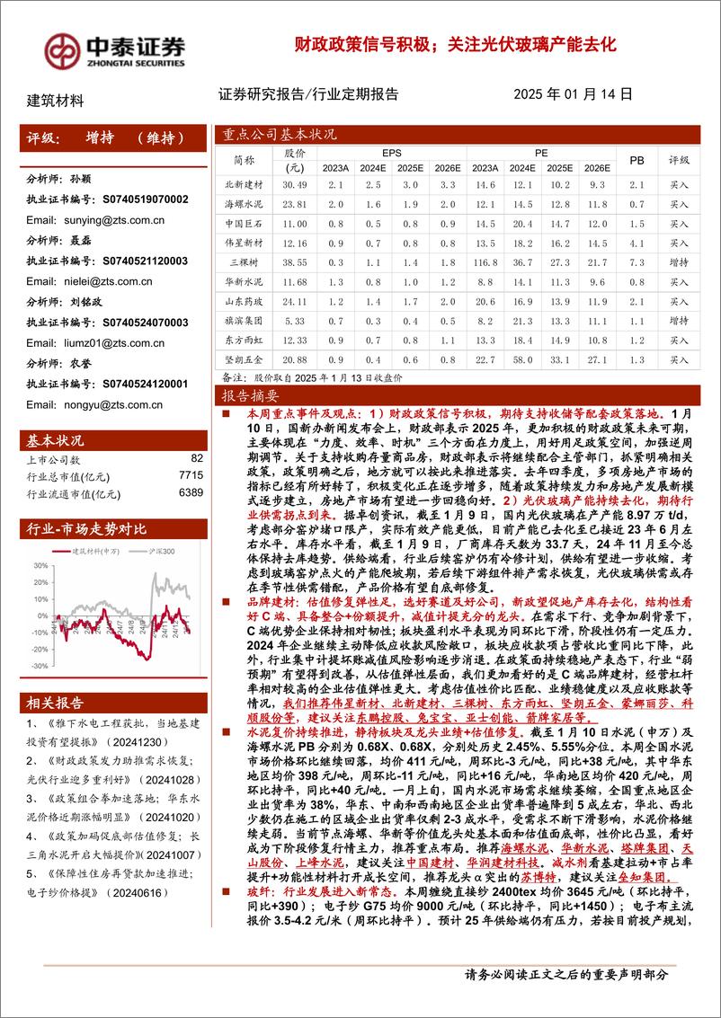 《建筑材料行业：财政政策信号积极；关注光伏玻璃产能去化-250114-中泰证券-20页》 - 第1页预览图