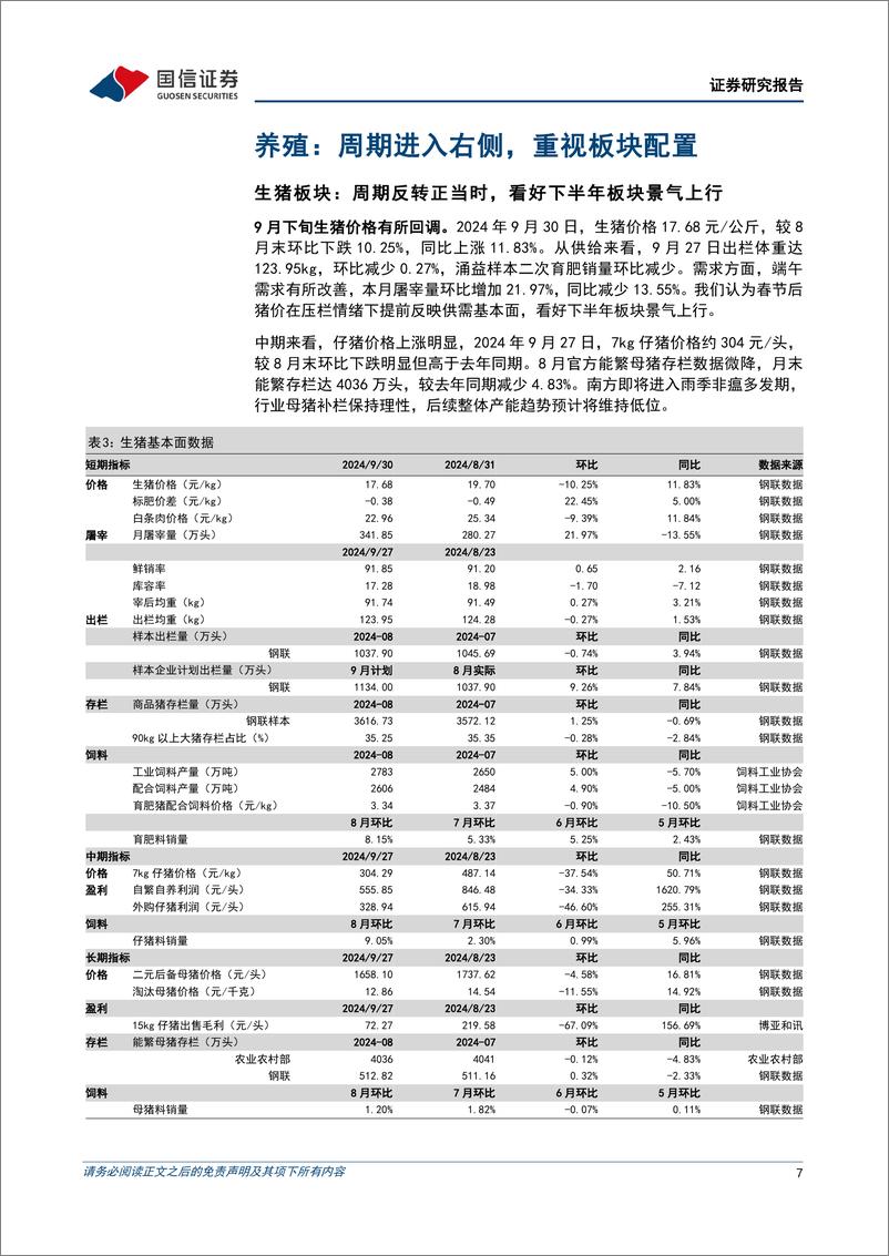 《农林牧渔行业2024年10月投资策略：优质养殖企业预计Q3盈利同比增长，看好养殖板块景气上行-241008-国信证券-》 - 第7页预览图